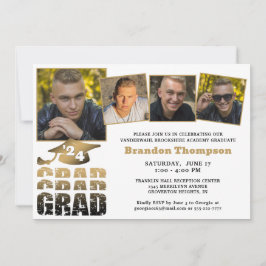 卒業モダン4写真黒金ゴールドグラデーション 招待状