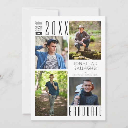 卒業モダン4枚お洒落写真ブラックアナウンス 案内状 (正面)