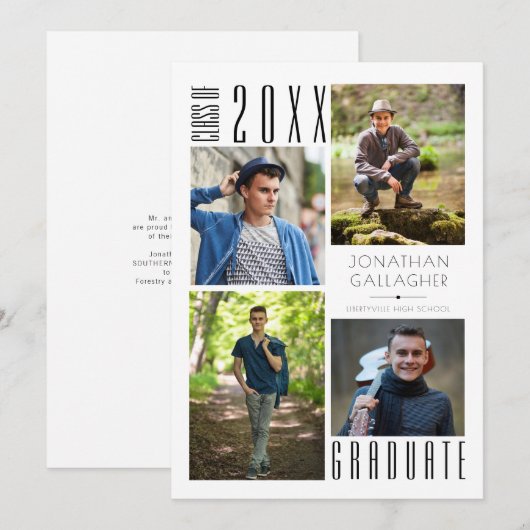 卒業モダン4枚お洒落写真ブラックアナウンス 案内状 (正面/裏面)