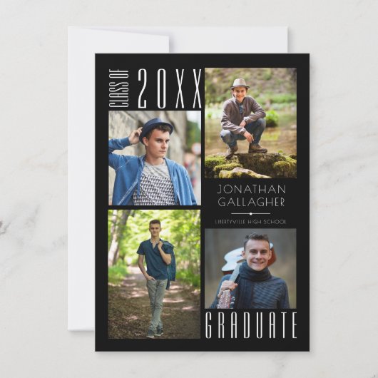 卒業モダン4枚お洒落写真黒 案内状 (正面)