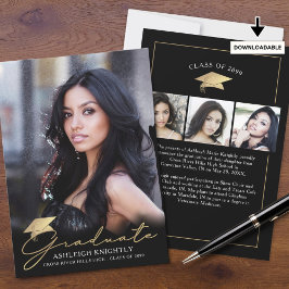 卒業モダン4枚の写真スクリプトキャップブラック金ゴールド 案内状