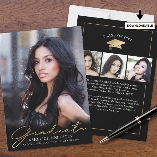 卒業モダン4枚の写真スクリプトブラック金ゴールド 案内状