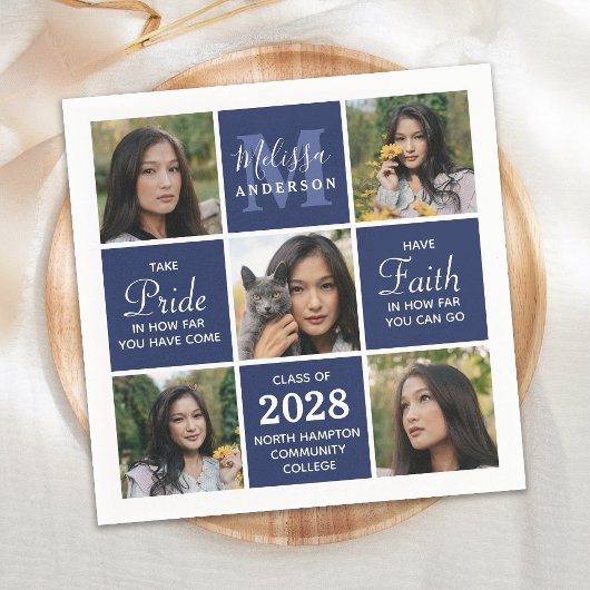 卒業モダン5写真コラージュ海軍ブルー卒業 スタンダードカクテルナプキン