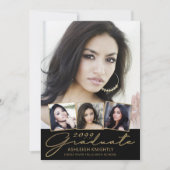 卒業モダン5枚の写真スクリプトブラック金ゴールド 案内状 (正面)