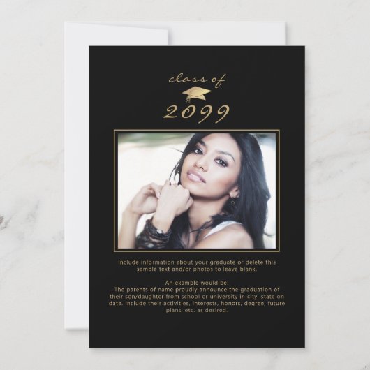 卒業モダン5枚の写真スクリプトブラック金ゴールド 案内状 (裏面)