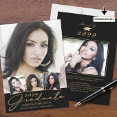 卒業モダン5枚の写真スクリプトブラック金ゴールド 案内状