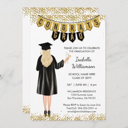 卒業ユニーク招待状ブロンドヘア 招待状 (正面/裏面)