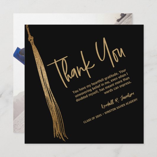 卒業ユニーク黒金ゴールドタッセルグラッド写真 サンキューカード (正面/裏面)