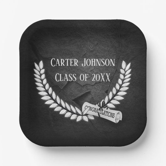 卒業ローレルリースオンブラックロック ペーパープレート (正面)