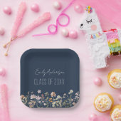 卒業ワイルドフラワーネイビーブルーモダングラード ペーパープレート (パーティー)