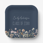 卒業ワイルドフラワーネイビーブルーモダングラード ペーパープレート (正面)