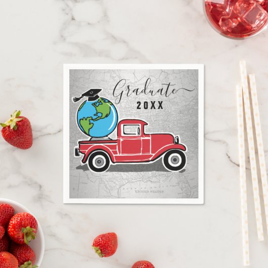卒業ヴィンテージレッドトラックグラッドキャップワールドグローブ スタンダードカクテルナプキン (インサイチュ)