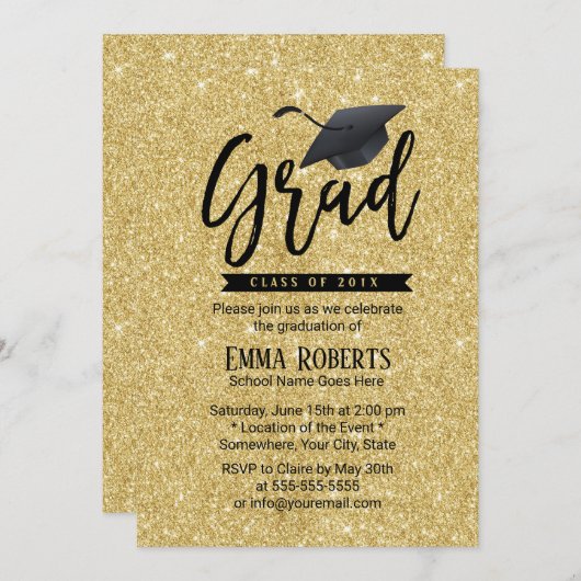 卒業党タイポグラフィモダン金ゴールドグリッター 招待状 (正面/裏面)
