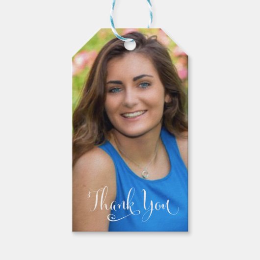 卒業写真ありエレガントがとうスクリプトティール(緑がかった色) ギフトタグ (正面)