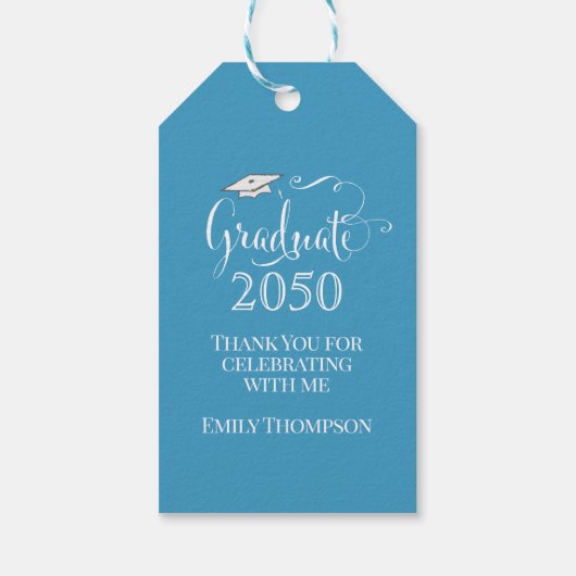 卒業写真ありエレガントがとうスクリプトティール(緑がかった色) ギフトタグ (裏面)