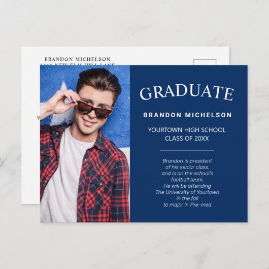 卒業写真の発表招待状青 インビテーションポストカード (正面/裏面)