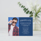 卒業写真の発表招待状青 インビテーションポストカード (スタンド正面)