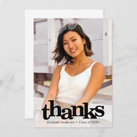 卒業写真はっきりしたモダンシンプルタイポグラフィ サンキューカード (正面/裏面)