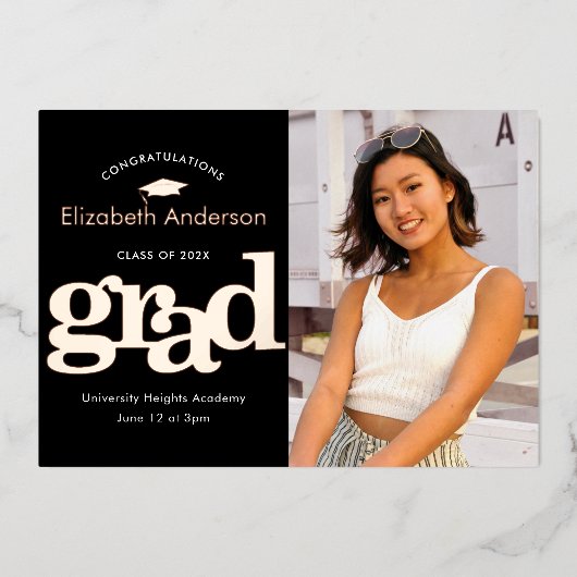 卒業写真はっきりした型ブラック実在バラ金ゴールド 箔招待状 (正面)