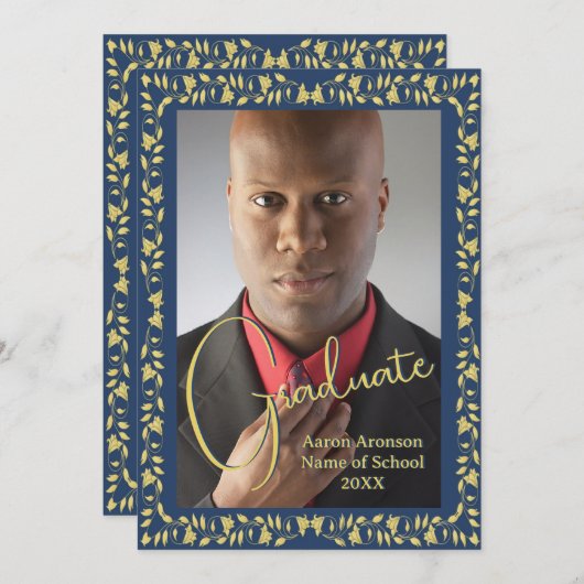 卒業写真アナウンスブルーと金ゴールドアイビー 招待状 (正面/裏面)