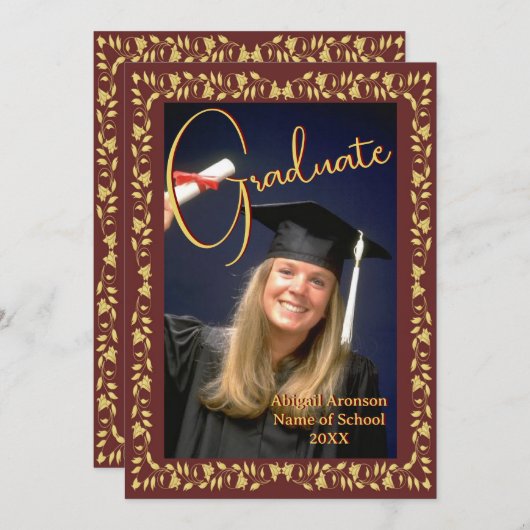 卒業写真アナウンスメントマルーンと金ゴールドアイビー 招待状 (正面/裏面)