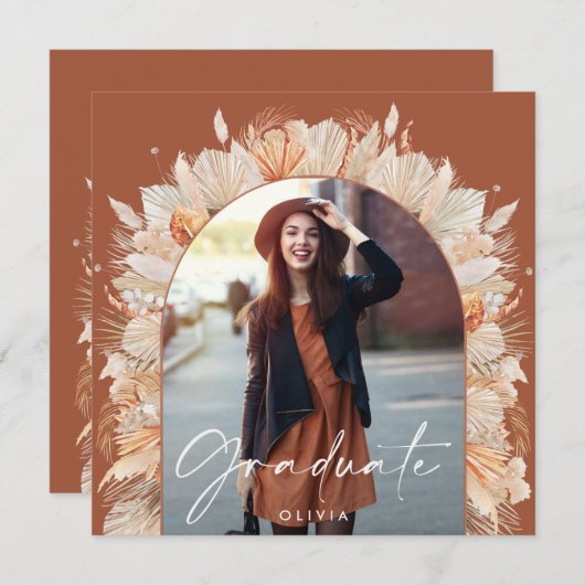 卒業写真アーチterracotta pampas植物学 招待状 (正面/裏面)