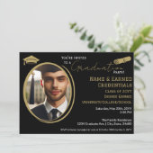 卒業写真エレガントブラック金ゴールドキャップ、ディプロマ 案内状 (スタンド正面)