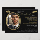卒業写真エレガントブラック金ゴールドキャップ、ディプロマ 案内状 (正面/裏面)