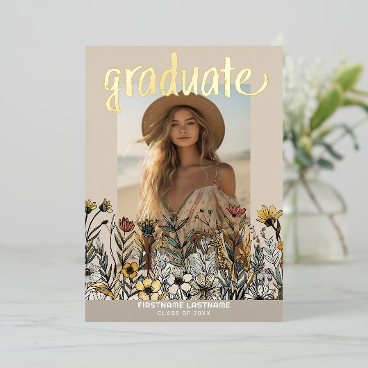 卒業写真カラフル花 – グラードパーティー 箔招待状 (立ち正面)