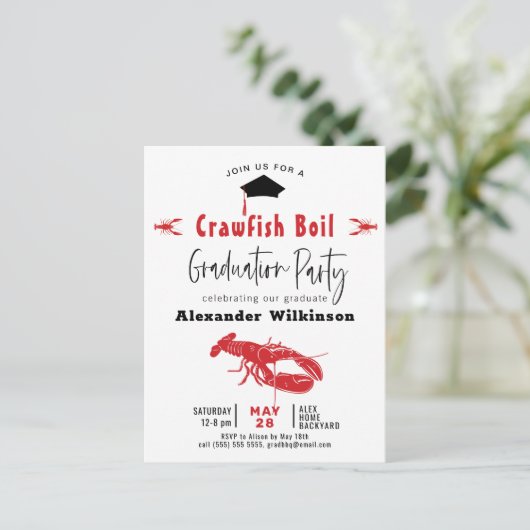 卒業写真クロウフィッシュ煮沸パーティの招待状 ポストカード (スタンド正面)