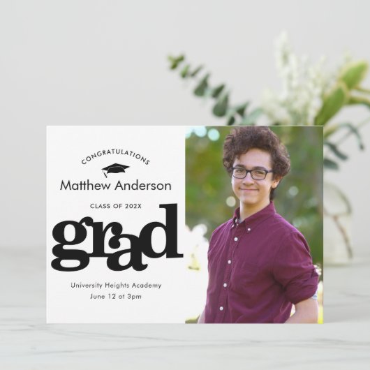 卒業写真グラフィックはっきりしたモダン白黒 案内状 (スタンド正面)