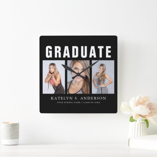 卒業写真コラージュおめでとうスクエア和 スクエア壁時計 (ホーム)