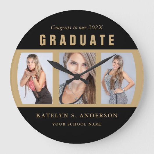 卒業写真コラージュおめでとうブラックと ラージ壁時計 (正面)
