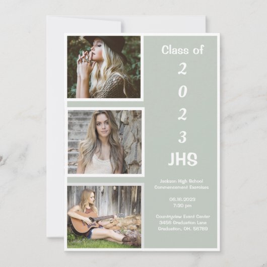 卒業写真コラージュ緑の名前卒業 案内状 (正面)