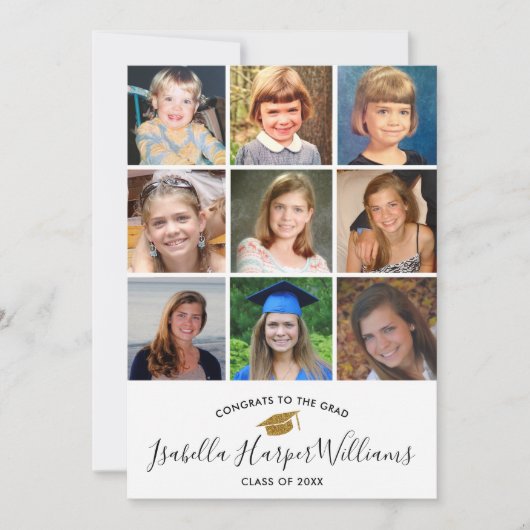 卒業写真コラージュ金ゴールドグリッターグラードパーティー 招待状 (正面)