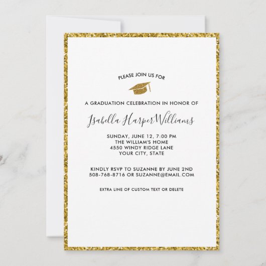 卒業写真コラージュ金ゴールドグリッターグラードパーティー 招待状 (裏面)
