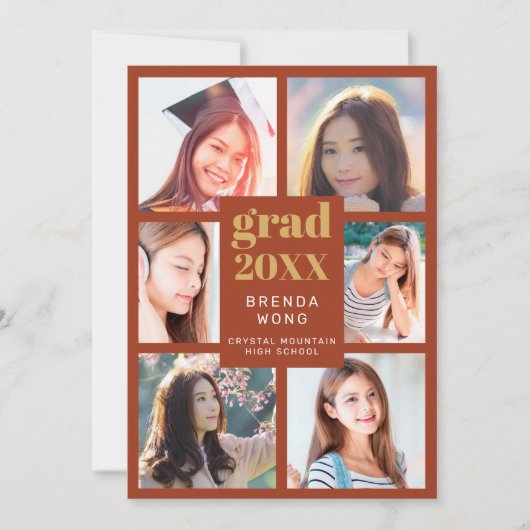 卒業写真コラージュ金ゴールドホワイトスクリプトオレンジ 案内状 (正面)