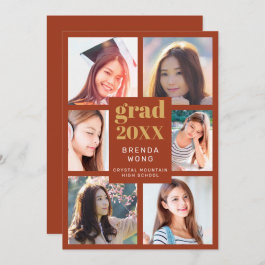 卒業写真コラージュ金ゴールドホワイトスクリプトオレンジ 案内状 (正面/裏面)