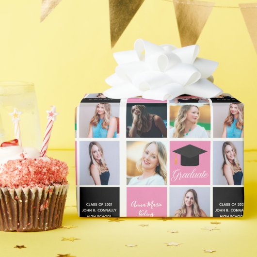 卒業写真コラージュ2023シックなピンクカスタム色 ラッピングペーパー (誕生日パーティー)