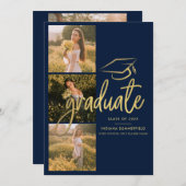 卒業写真コラージュ2025年卒業ネイビーブルー 案内状 (正面/裏面)