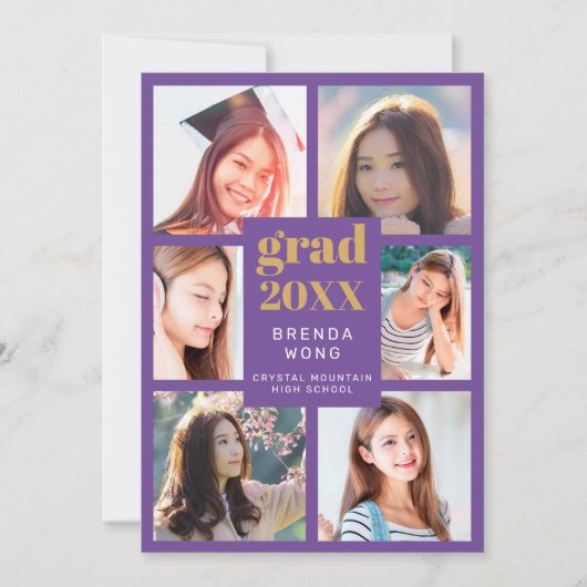 卒業写真コラージュ ゴールド ホワイト スクリプト パープル 案内状 (正面)