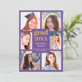 卒業写真コラージュ ゴールド ホワイト スクリプト パープル 案内状 (スタンド正面)