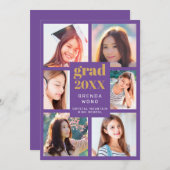 卒業写真コラージュ ゴールド ホワイト スクリプト パープル 案内状 (正面/裏面)