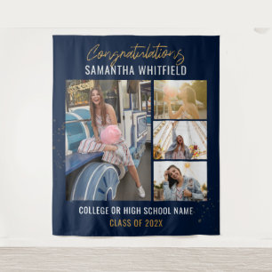 卒業写真コラージュ ネイビーブルー パーティー 背景 タペストリー