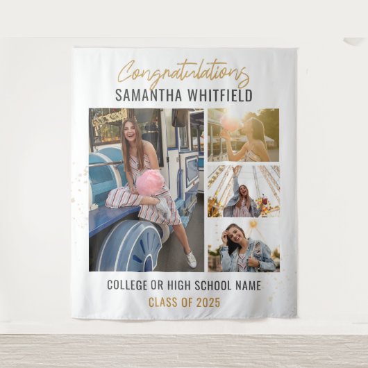 卒業写真コラージュ 現代の卒業式背景 タペストリー (正面)