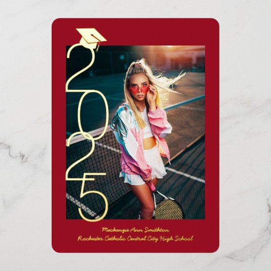 卒業写真シック・スクリプト・レッド・金ゴールド発表 箔招待状 (正面)