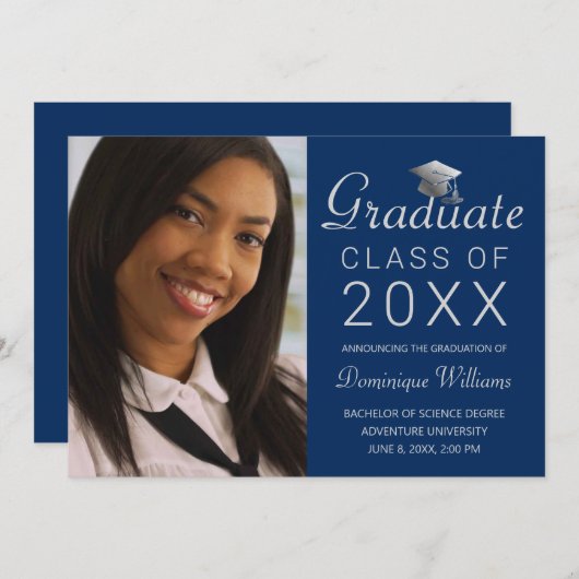 卒業写真シルバーキャップスクリプト2025王室の青 案内状 (正面/裏面)