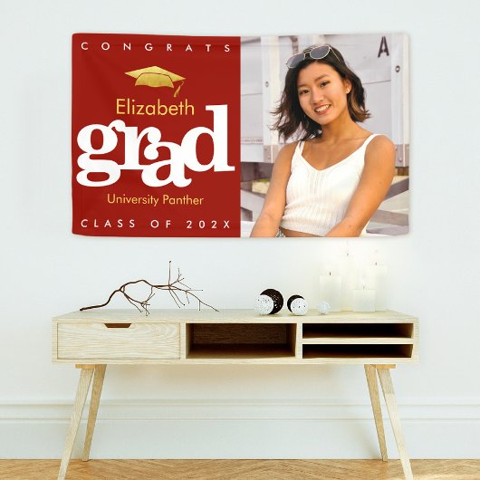 卒業写真シンプル赤金ゴールドはっきりした帽 横断幕