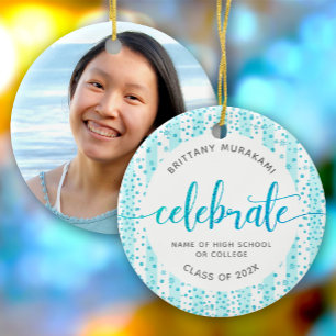 卒業写真ターコイズグリッタースクリプトKeepsake セラミックオーナメント
