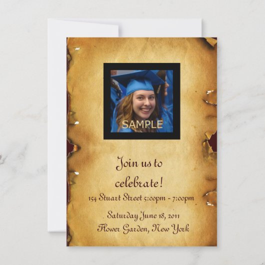 卒業写真テンプレートパーチメントレッドワックスシール 招待状 (裏面)